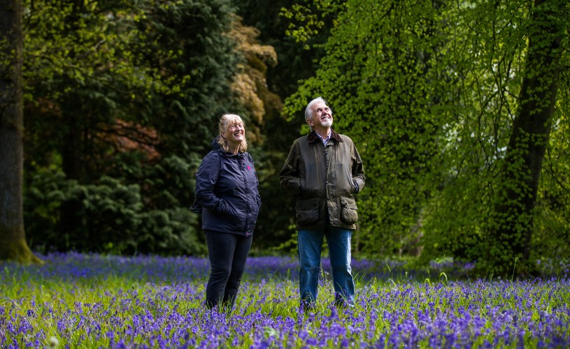 Couple surrounded by bluebells at Westonbirt Arboretum